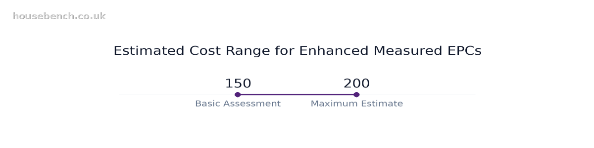 Range chart comparing Estimated Cost Range for Enhanced Measured EPCs: Values: Basic Assessment: 150; Standard Enhanced: 165; Detailed Survey: 180; Complex Property: 190; Maximum Estimate: 200.